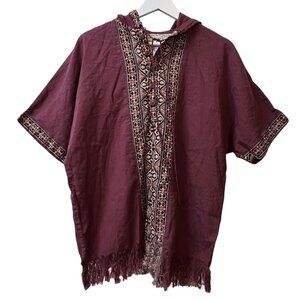 Earthbound Trading Company Top Linen Blend Hooded Small Fringe Geometric‎ S/S